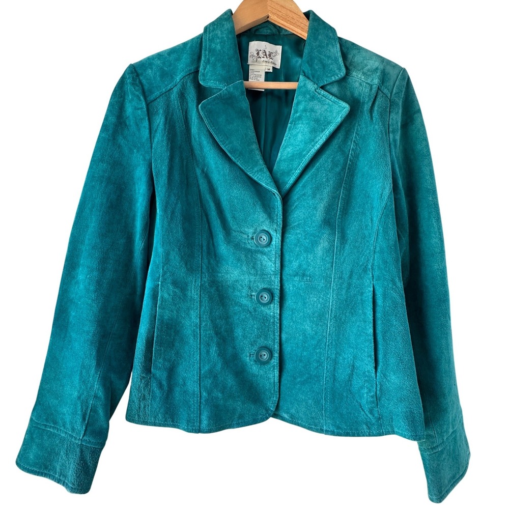 Vintage Suede Leather Jacket Size MED Teal Blue Blazer 3 Button Retro
